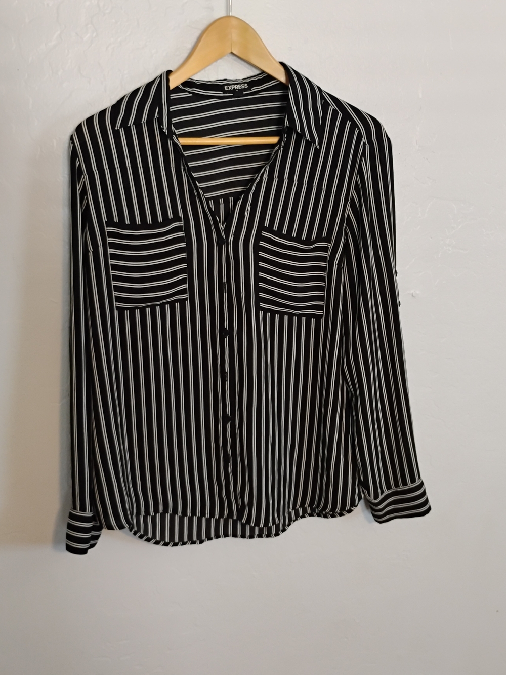 Express Women's Black and White Striped Button-Up Blouse Size L